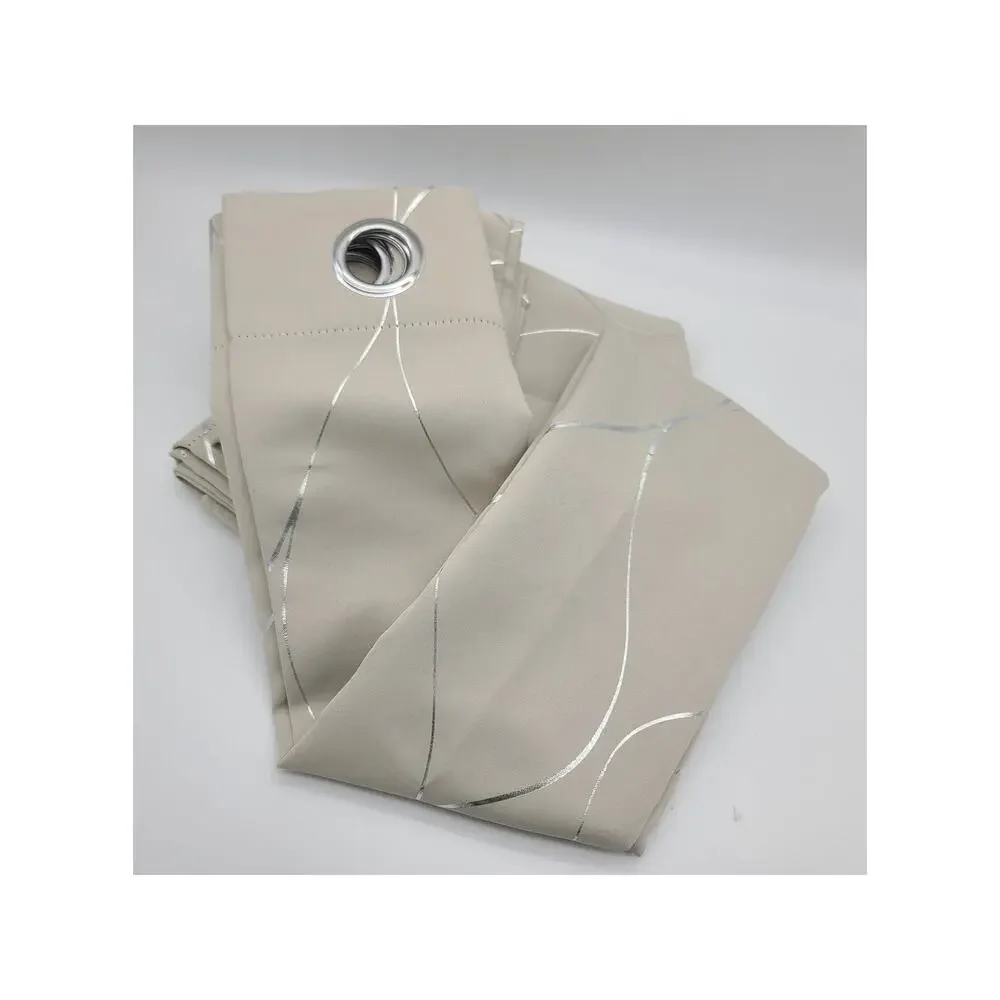 NWOT Deconova 4 Panel Curtains 42W x 54L Beige & Silver Foil Print Rod Grommets
